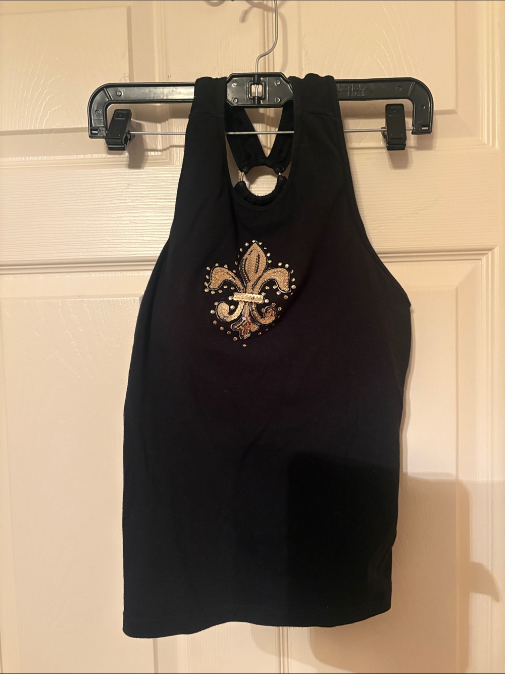 Black Sleeveless Halter Top with Gold Fleur-de-Lis Embellishment